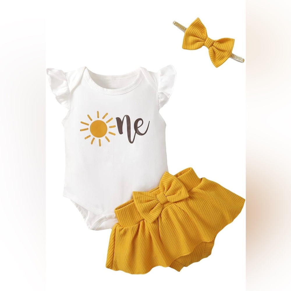 Baby Girl First Birthday yellow and white sun outfit with matching headband